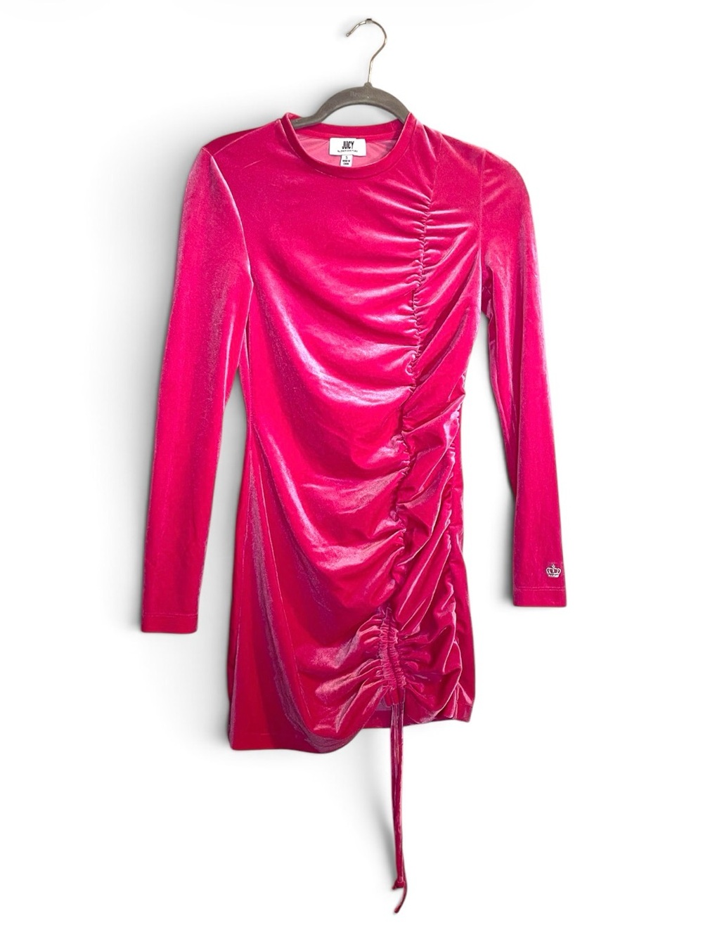 Juicy Couture Hot Pink Velvet Ruched Long-Sleeve Mini Dress